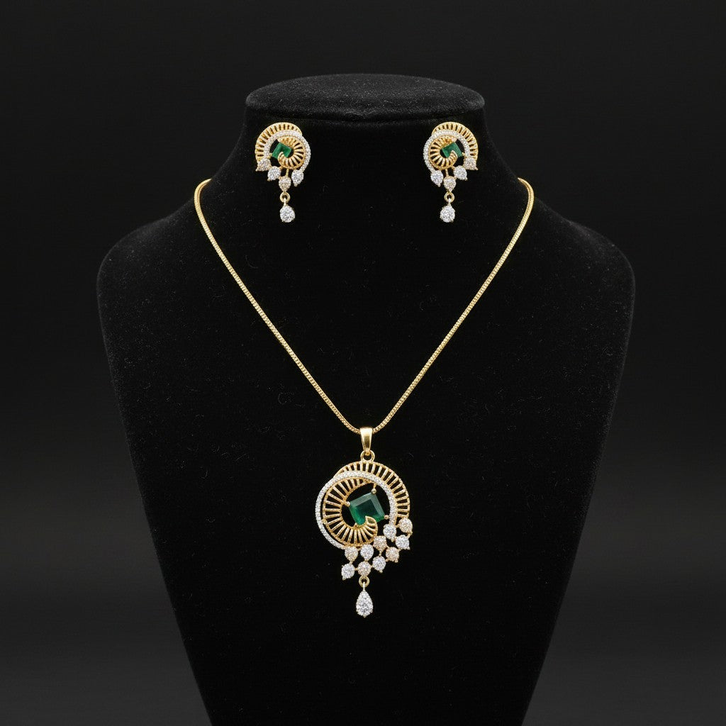 1568-Pretty Precious AD Two Tone Pendant Set for Women | American Diamond Pendant with Earrings & Chain | Elegant Party, Wedding & Daily Wear Jewellery-Green