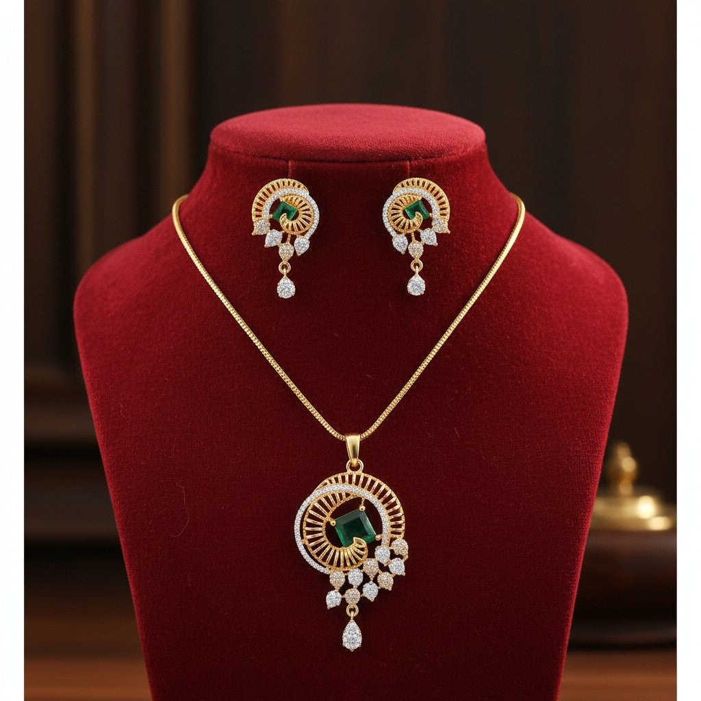 1568-Pretty Precious AD Two Tone Pendant Set for Women | American Diamond Pendant with Earrings & Chain | Elegant Party, Wedding & Daily Wear Jewellery-Green