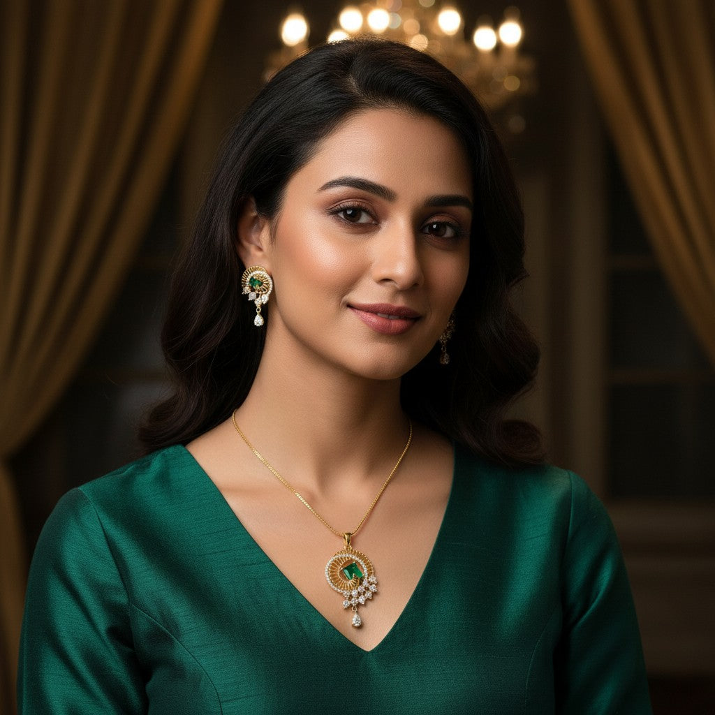 1568-Pretty Precious AD Two Tone Pendant Set for Women | American Diamond Pendant with Earrings & Chain | Elegant Party, Wedding & Daily Wear Jewellery-Green