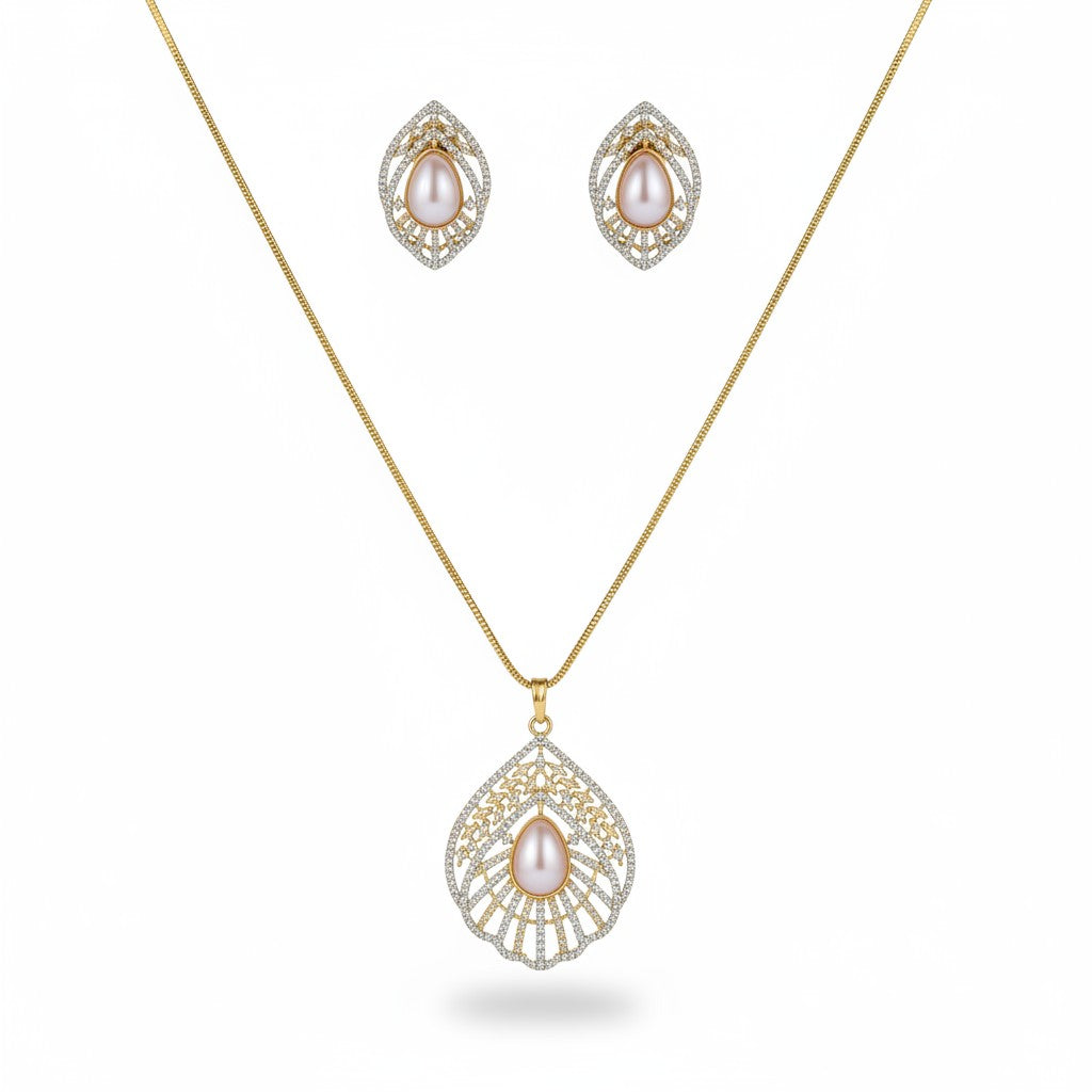 1569-Pretty Precious AD Two Tone Pendant Set for Women | American Diamond Pendant with Earrings & Chain | Elegant Party, Wedding & Daily Wear Jewellery-White Pearl