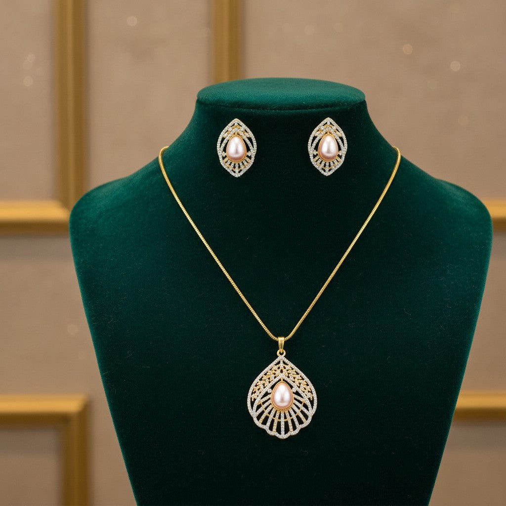1569-Pretty Precious AD Two Tone Pendant Set for Women | American Diamond Pendant with Earrings & Chain | Elegant Party, Wedding & Daily Wear Jewellery-White Pearl