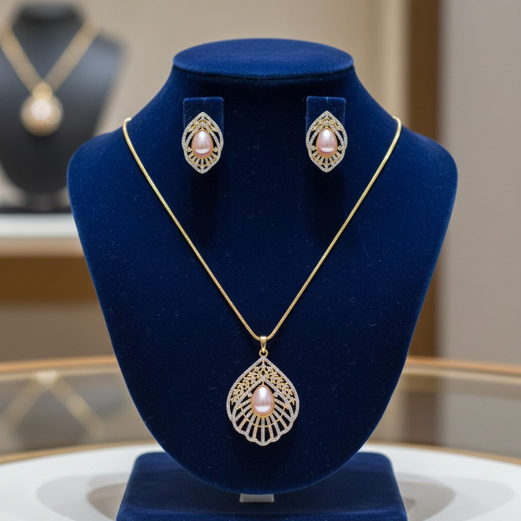 1569-Pretty Precious AD Two Tone Pendant Set for Women | American Diamond Pendant with Earrings & Chain | Elegant Party, Wedding & Daily Wear Jewellery-White Pearl