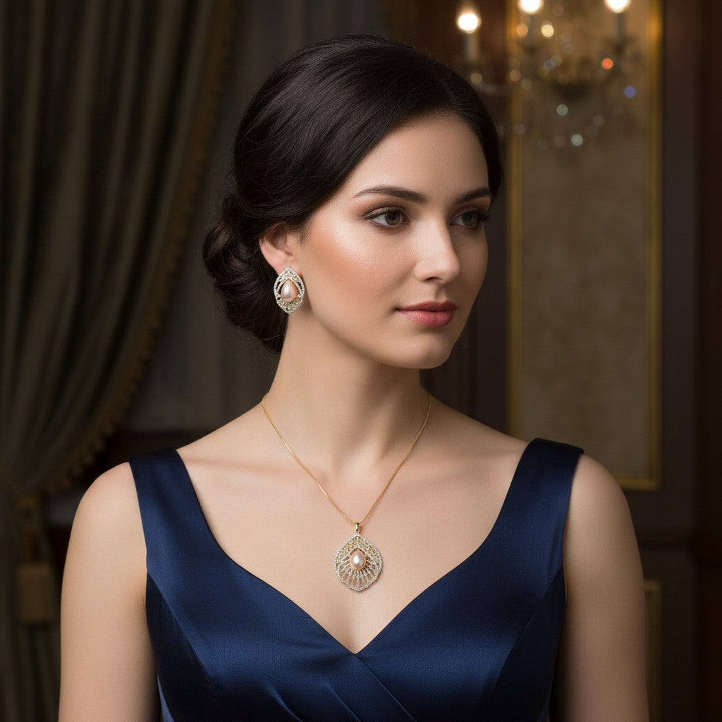 1569-Pretty Precious AD Two Tone Pendant Set for Women | American Diamond Pendant with Earrings & Chain | Elegant Party, Wedding & Daily Wear Jewellery-White Pearl