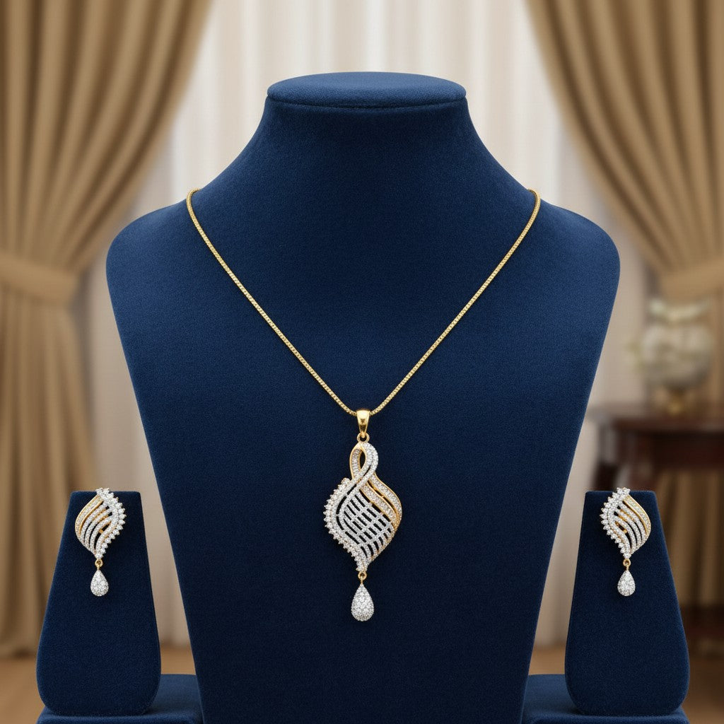 1570-Pretty Precious AD Two Tone Pendant Set for Women | American Diamond Pendant with Earrings & Chain | Elegant Party, Wedding & Daily Wear Jewellery-Two Tone