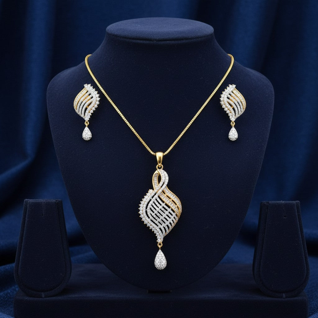 1570-Pretty Precious AD Two Tone Pendant Set for Women | American Diamond Pendant with Earrings & Chain | Elegant Party, Wedding & Daily Wear Jewellery-Two Tone