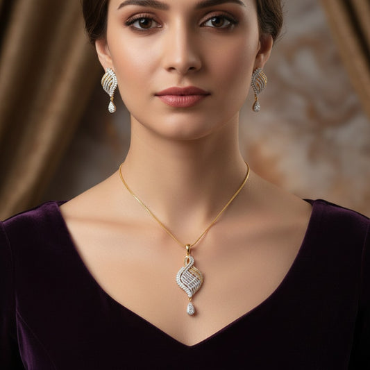 1570-Pretty Precious AD Two Tone Pendant Set for Women | American Diamond Pendant with Earrings & Chain | Elegant Party, Wedding & Daily Wear Jewellery-Two Tone