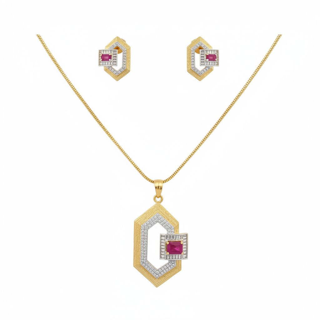 1571-Pretty Precious AD Two Tone Pendant Set for Women | American Diamond Pendant with Earrings & Chain | Elegant Party, Wedding & Daily Wear Jewellery-Ruby