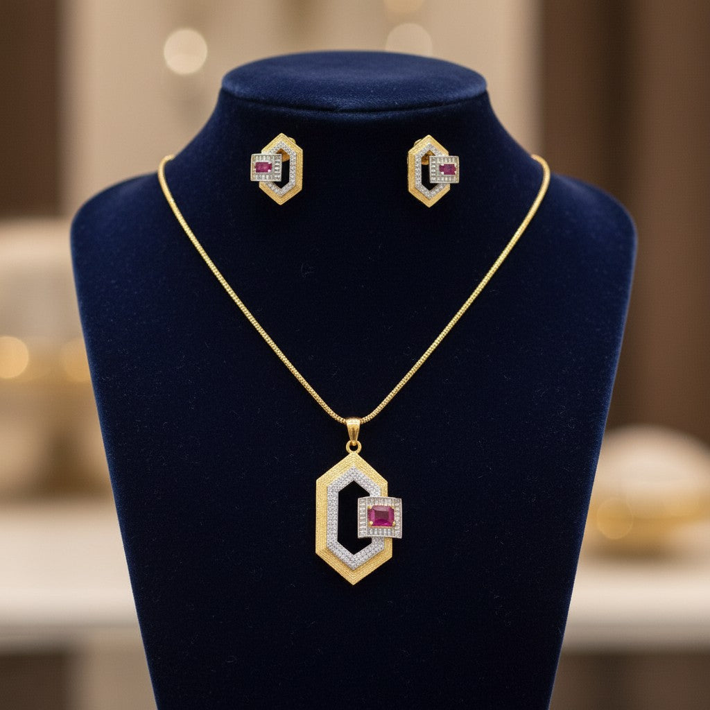 1571-Pretty Precious AD Two Tone Pendant Set for Women | American Diamond Pendant with Earrings & Chain | Elegant Party, Wedding & Daily Wear Jewellery-Ruby