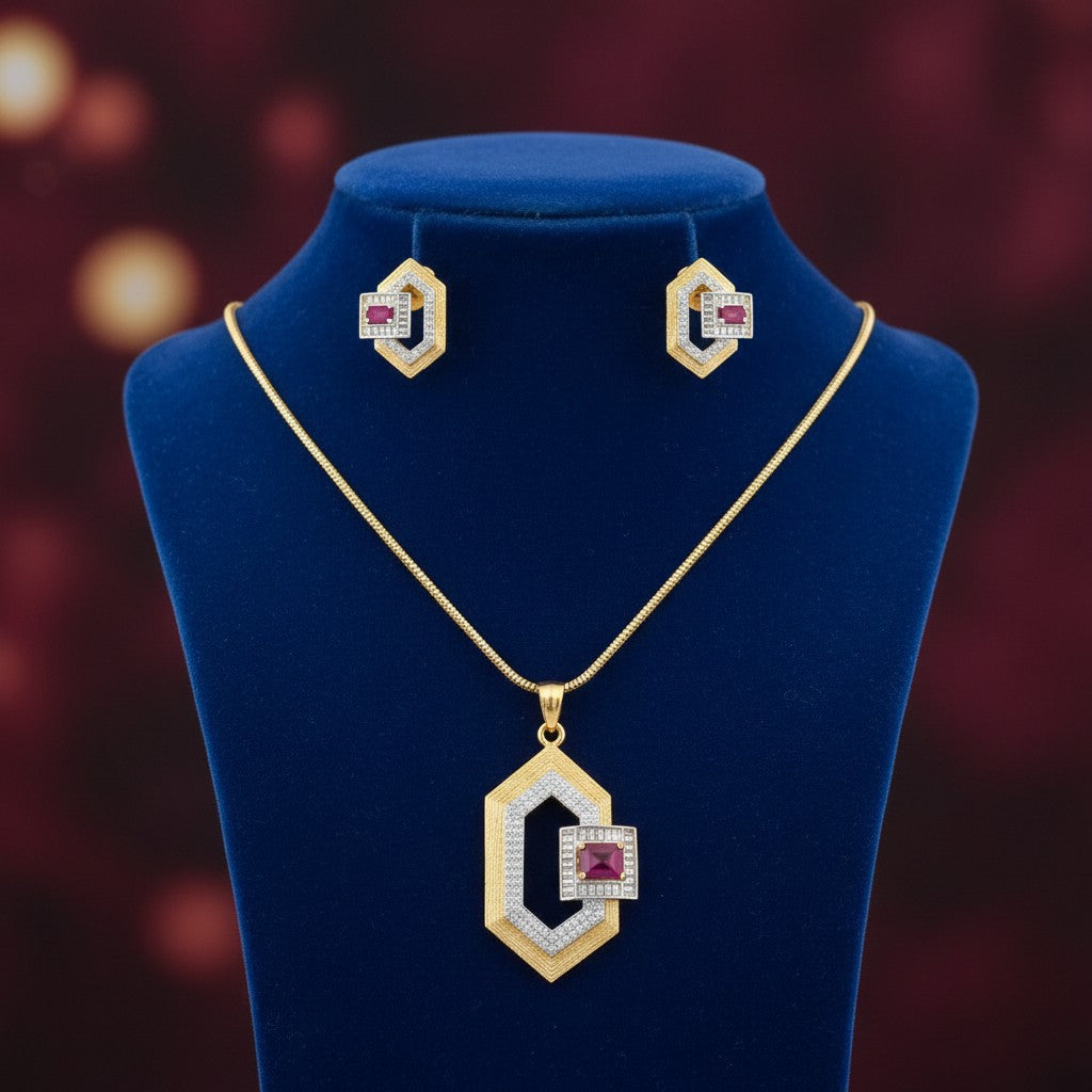 1571-Pretty Precious AD Two Tone Pendant Set for Women | American Diamond Pendant with Earrings & Chain | Elegant Party, Wedding & Daily Wear Jewellery-Ruby