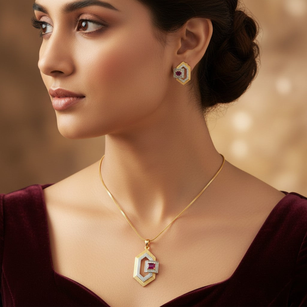 1571-Pretty Precious AD Two Tone Pendant Set for Women | American Diamond Pendant with Earrings & Chain | Elegant Party, Wedding & Daily Wear Jewellery-Ruby