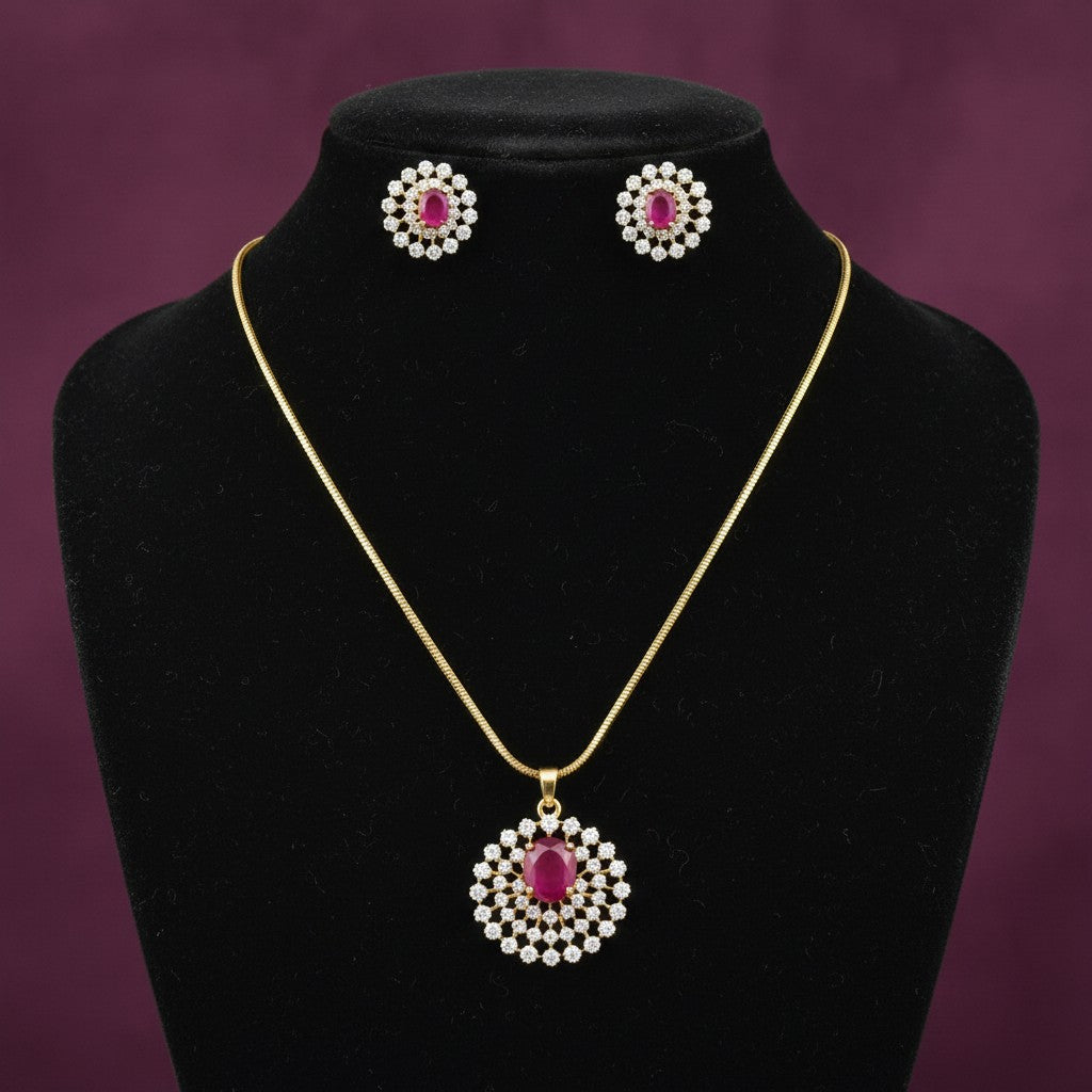 1572-Pretty Precious AD Two Tone Pendant Set for Women | American Diamond Pendant with Earrings & Chain | Elegant Party, Wedding & Daily Wear Jewellery-Ruby