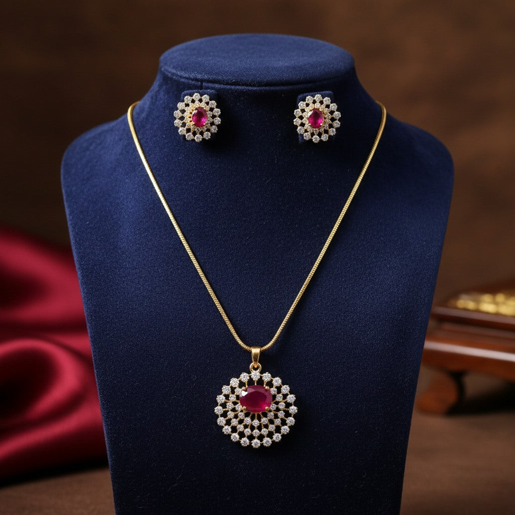 1572-Pretty Precious AD Two Tone Pendant Set for Women | American Diamond Pendant with Earrings & Chain | Elegant Party, Wedding & Daily Wear Jewellery-Ruby