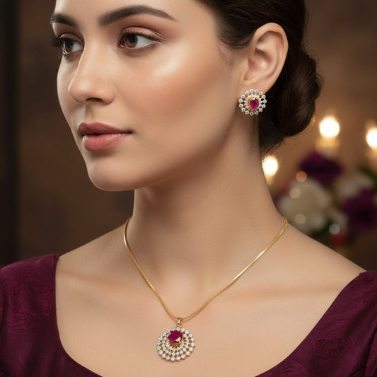 1572-Pretty Precious AD Two Tone Pendant Set for Women | American Diamond Pendant with Earrings & Chain | Elegant Party, Wedding & Daily Wear Jewellery-Ruby