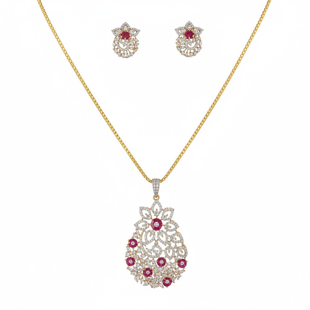 1573-Pretty Precious AD Two Tone Pendant Set for Women | American Diamond Pendant with Earrings & Chain | Elegant Party, Wedding & Daily Wear Jewellery-Ruby