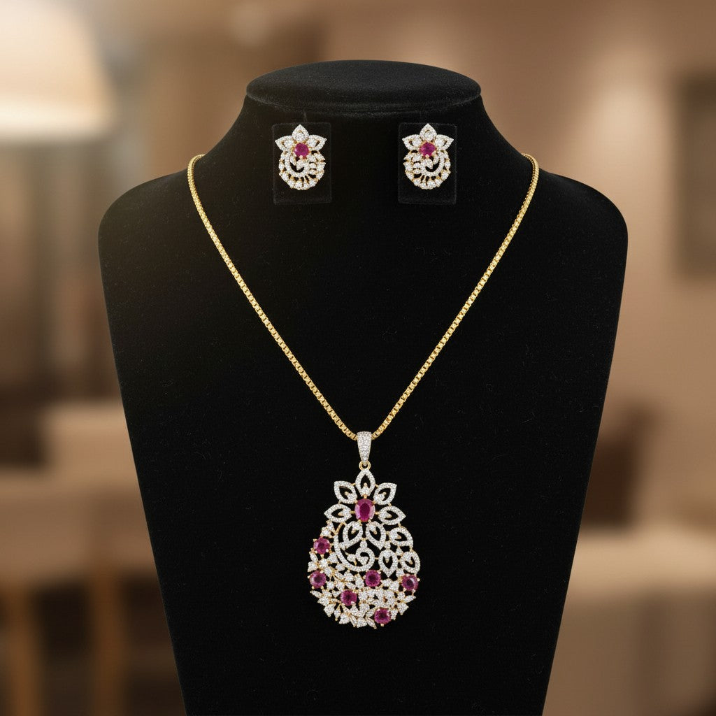 1573-Pretty Precious AD Two Tone Pendant Set for Women | American Diamond Pendant with Earrings & Chain | Elegant Party, Wedding & Daily Wear Jewellery-Ruby