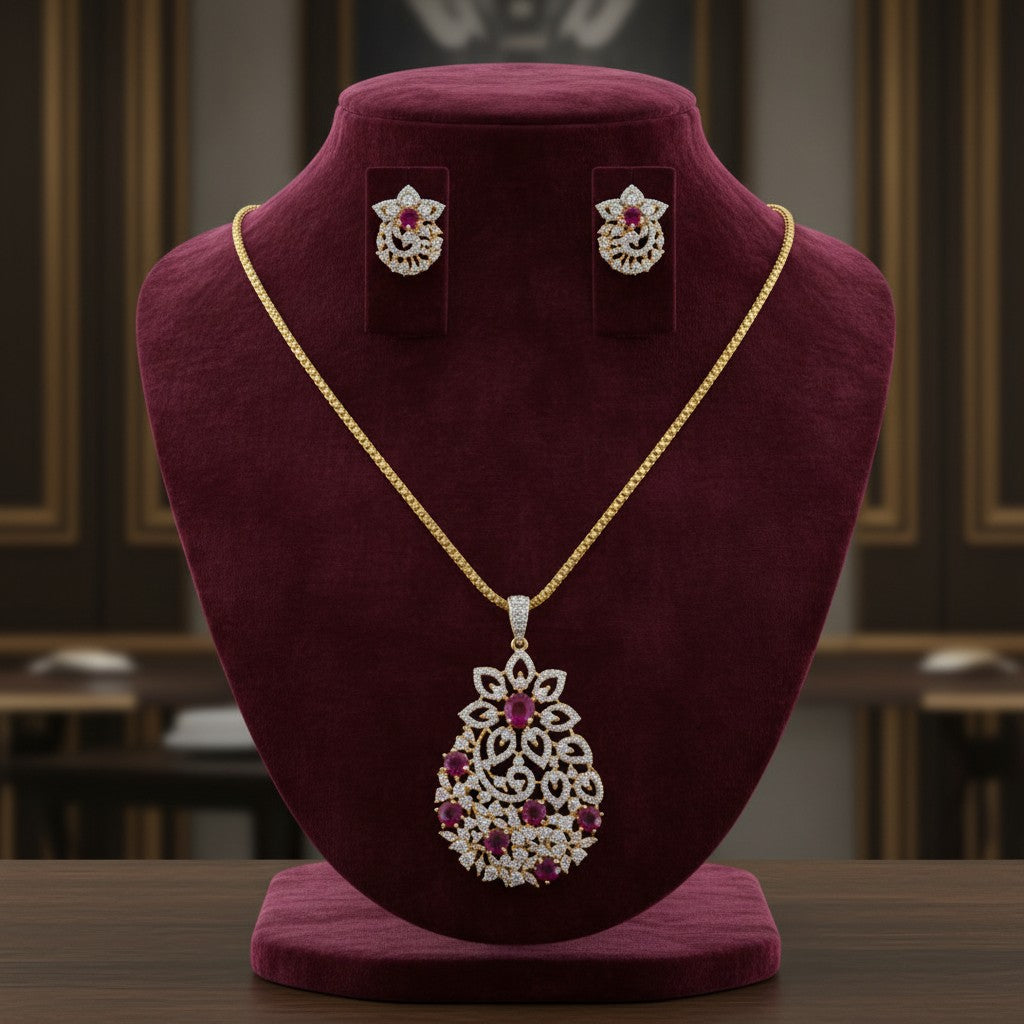 1573-Pretty Precious AD Two Tone Pendant Set for Women | American Diamond Pendant with Earrings & Chain | Elegant Party, Wedding & Daily Wear Jewellery-Ruby