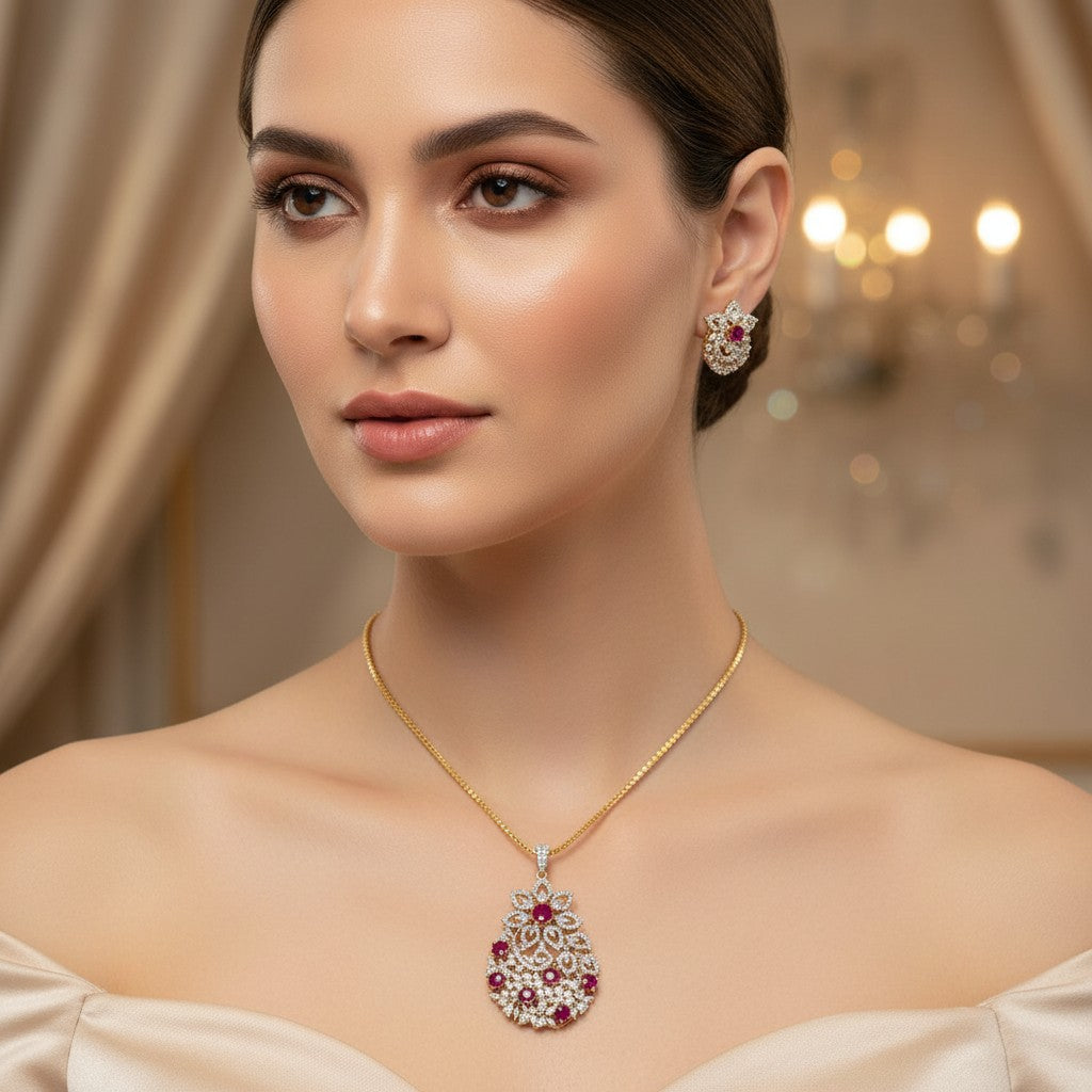 1573-Pretty Precious AD Two Tone Pendant Set for Women | American Diamond Pendant with Earrings & Chain | Elegant Party, Wedding & Daily Wear Jewellery-Ruby