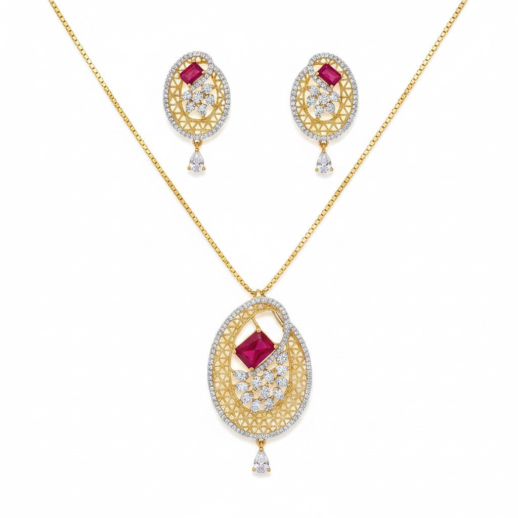 1574-Pretty Precious AD Two Tone Pendant Set for Women | American Diamond Pendant with Earrings & Chain | Elegant Party, Wedding & Daily Wear Jewellery-Ruby