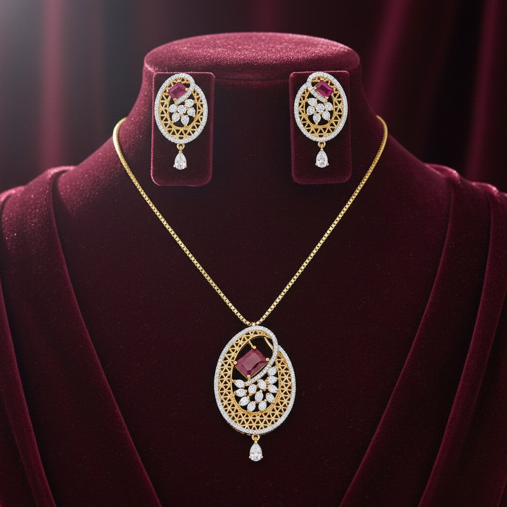1574-Pretty Precious AD Two Tone Pendant Set for Women | American Diamond Pendant with Earrings & Chain | Elegant Party, Wedding & Daily Wear Jewellery-Ruby