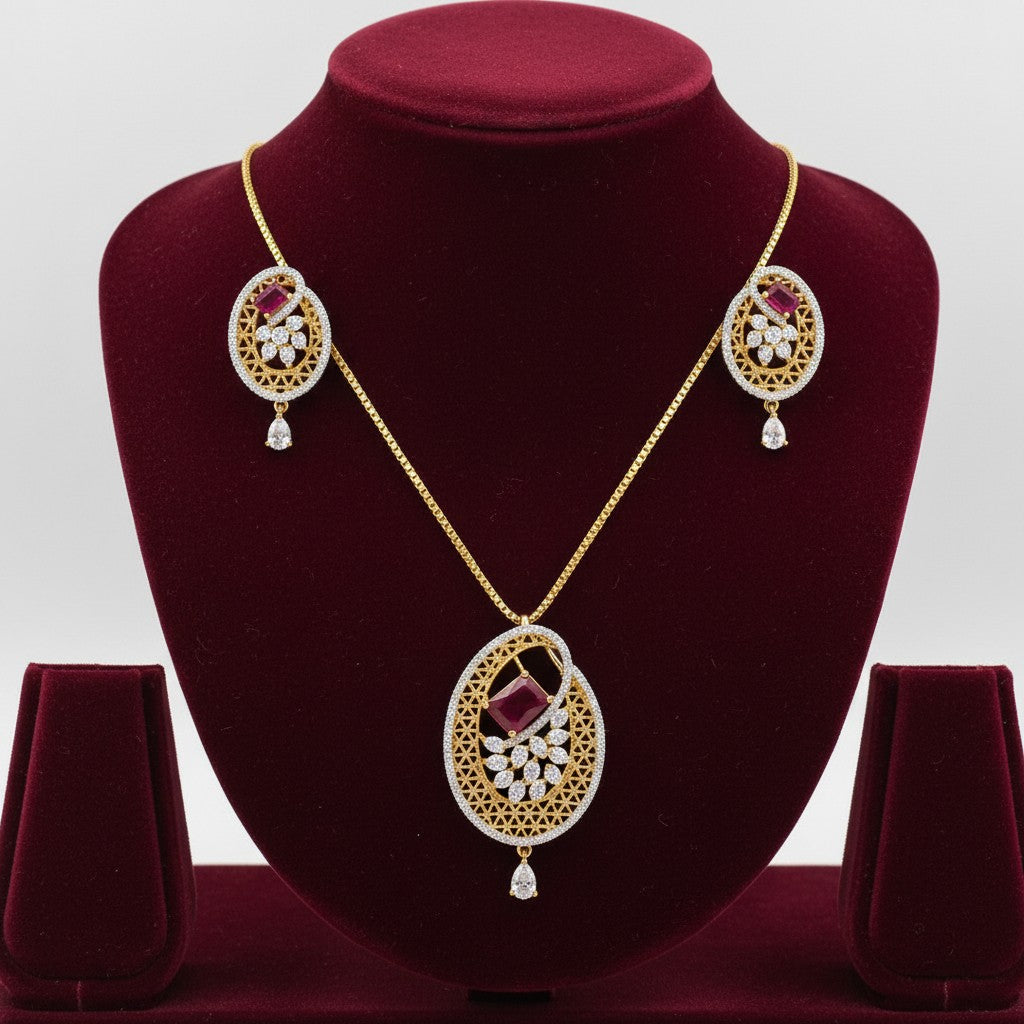 1574-Pretty Precious AD Two Tone Pendant Set for Women | American Diamond Pendant with Earrings & Chain | Elegant Party, Wedding & Daily Wear Jewellery-Ruby