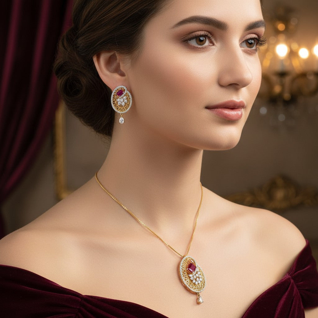 1574-Pretty Precious AD Two Tone Pendant Set for Women | American Diamond Pendant with Earrings & Chain | Elegant Party, Wedding & Daily Wear Jewellery-Ruby
