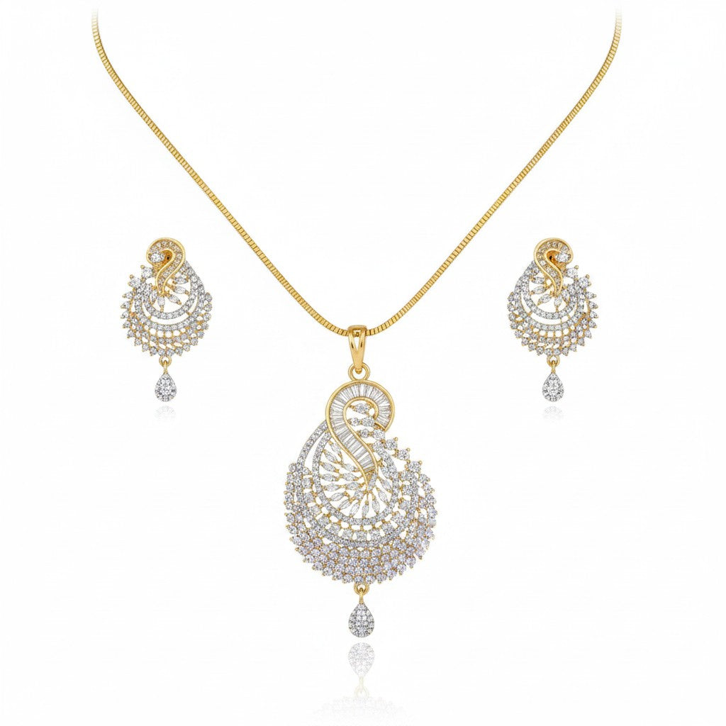 1575-Pretty Precious AD Two Tone Pendant Set for Women | American Diamond Pendant with Earrings & Chain | Elegant Party, Wedding & Daily Wear Jewellery-Two Tone