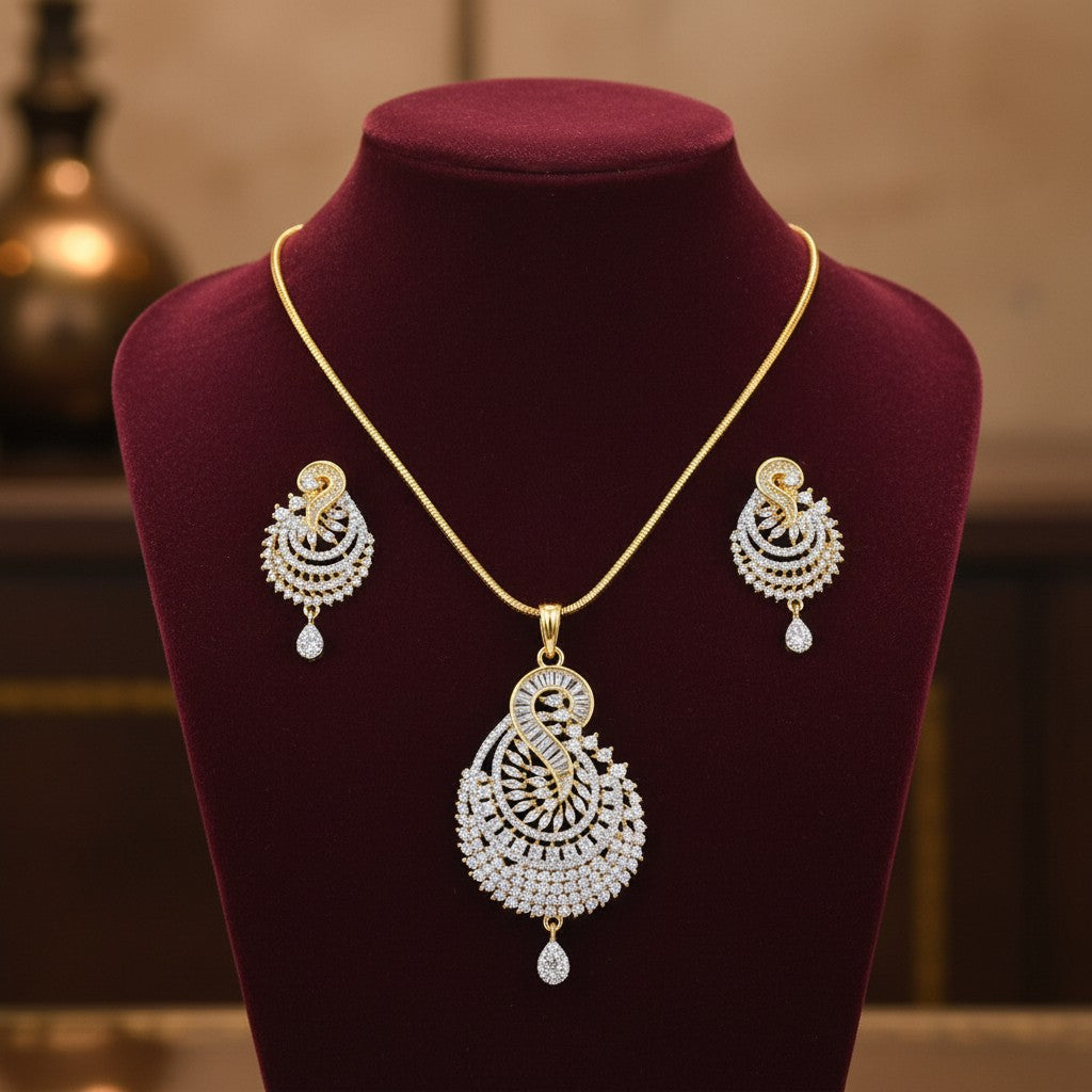 1575-Pretty Precious AD Two Tone Pendant Set for Women | American Diamond Pendant with Earrings & Chain | Elegant Party, Wedding & Daily Wear Jewellery-Two Tone