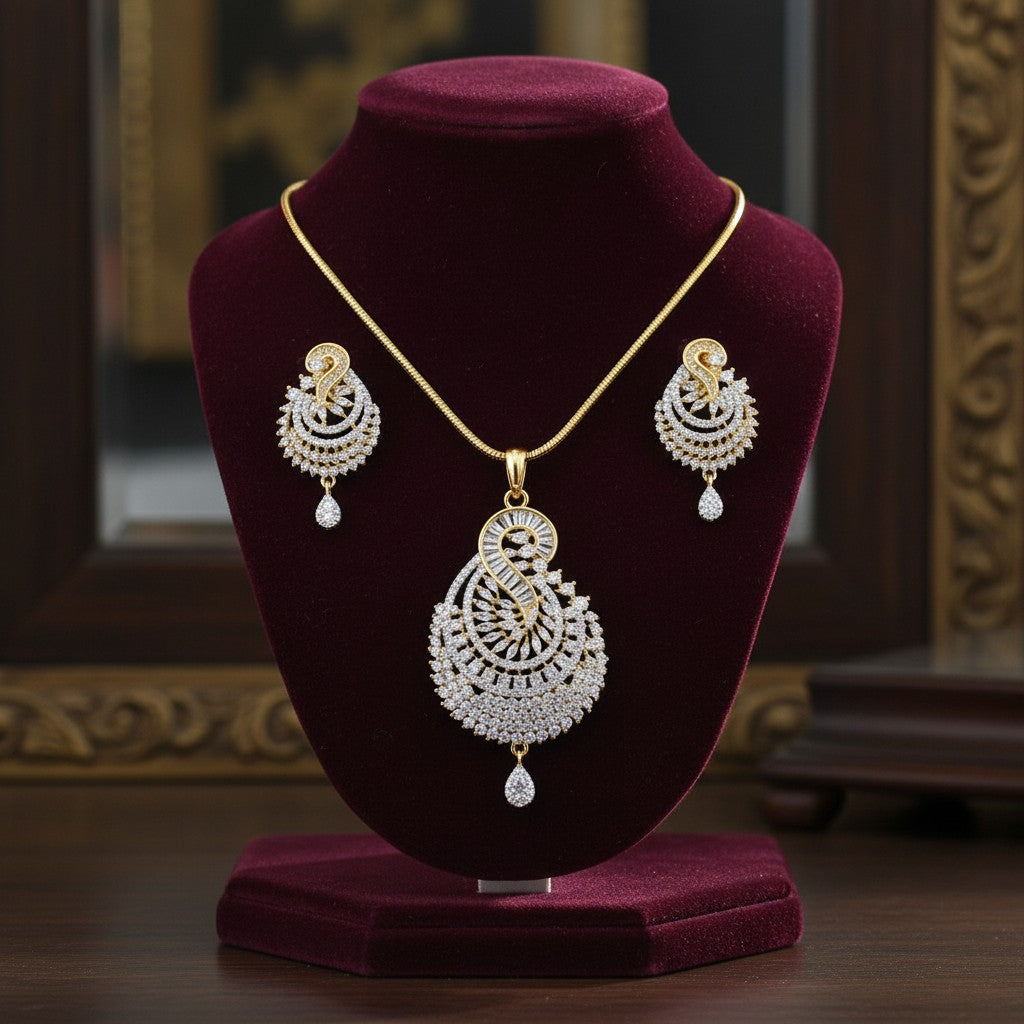 1575-Pretty Precious AD Two Tone Pendant Set for Women | American Diamond Pendant with Earrings & Chain | Elegant Party, Wedding & Daily Wear Jewellery-Two Tone