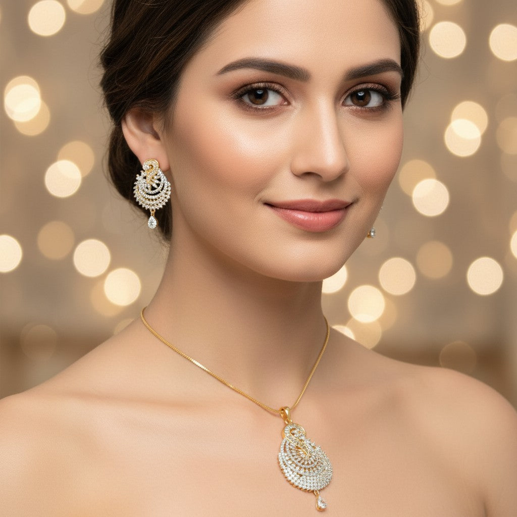1575-Pretty Precious AD Two Tone Pendant Set for Women | American Diamond Pendant with Earrings & Chain | Elegant Party, Wedding & Daily Wear Jewellery-Two Tone