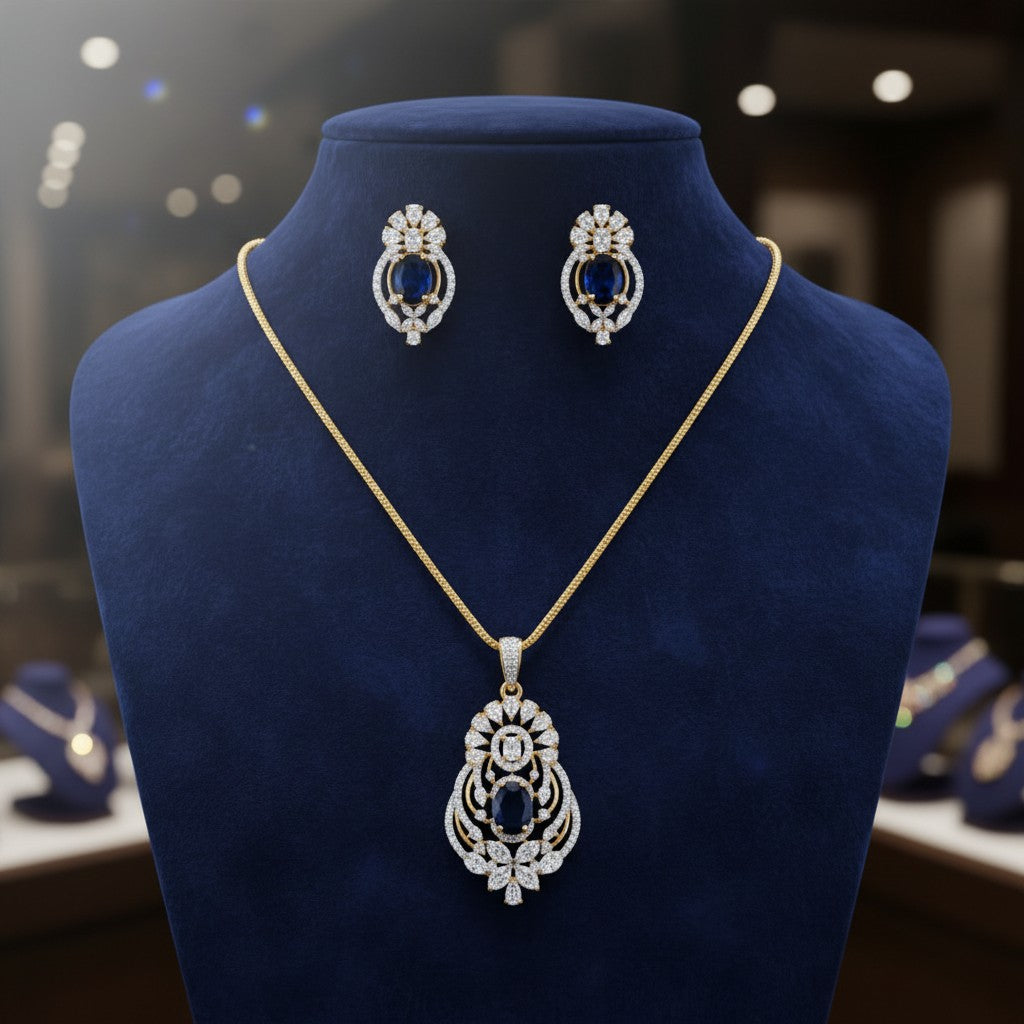 1576-Pretty Precious AD Two Tone Pendant Set for Women | American Diamond Pendant with Earrings & Chain | Elegant Party, Wedding & Daily Wear Jewellery-Dark Blue