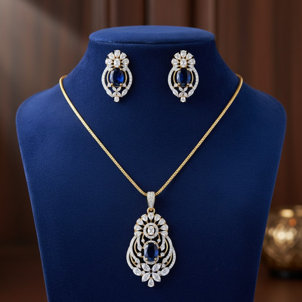 1576-Pretty Precious AD Two Tone Pendant Set for Women | American Diamond Pendant with Earrings & Chain | Elegant Party, Wedding & Daily Wear Jewellery-Dark Blue