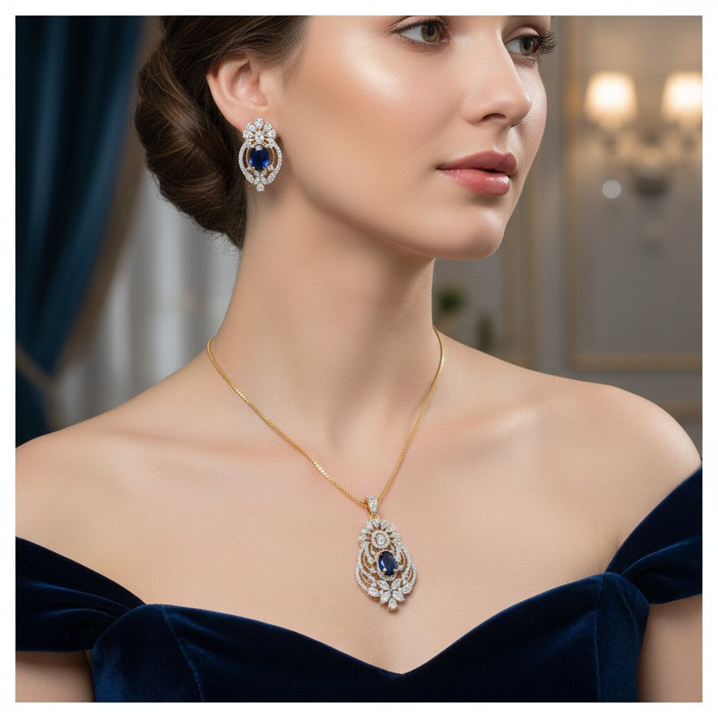 1576-Pretty Precious AD Two Tone Pendant Set for Women | American Diamond Pendant with Earrings & Chain | Elegant Party, Wedding & Daily Wear Jewellery-Dark Blue