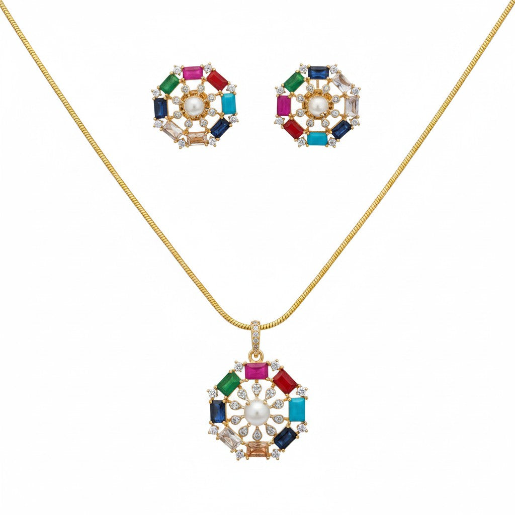 1577-Pretty Precious AD Two Tone Pendant Set for Women | American Diamond Pendant with Earrings & Chain | Elegant Party, Wedding & Daily Wear Jewellery-Multicolour