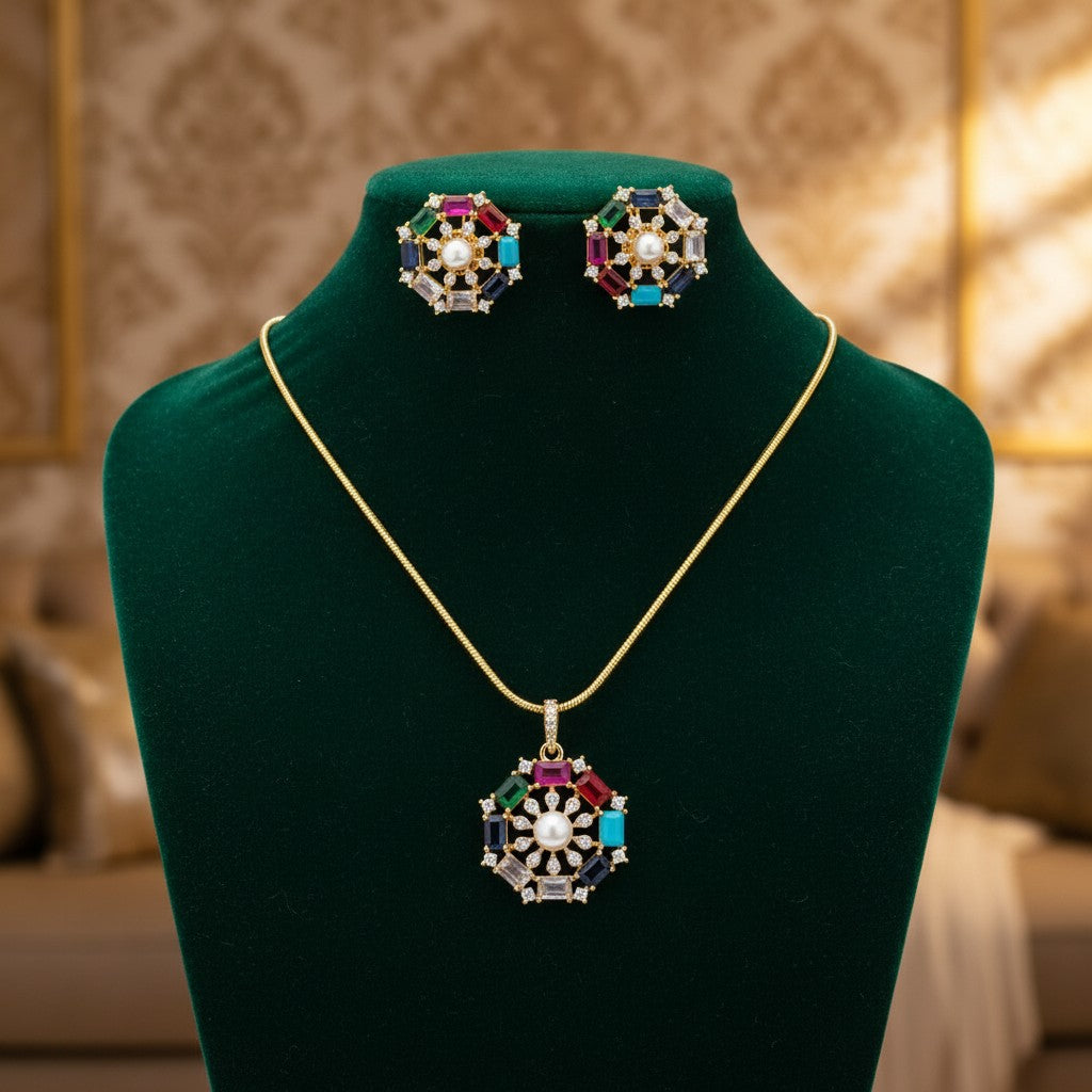 1577-Pretty Precious AD Two Tone Pendant Set for Women | American Diamond Pendant with Earrings & Chain | Elegant Party, Wedding & Daily Wear Jewellery-Multicolour