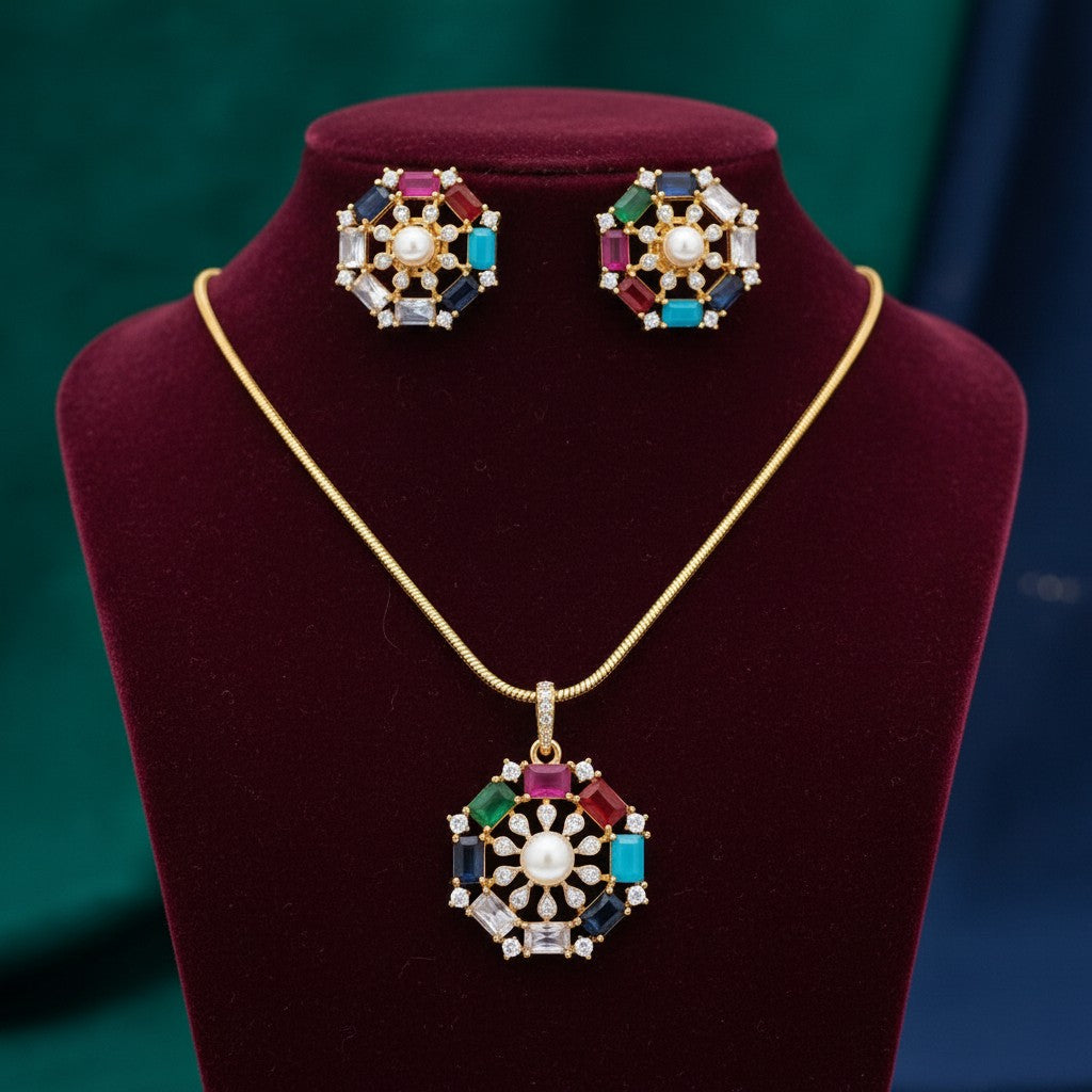 1577-Pretty Precious AD Two Tone Pendant Set for Women | American Diamond Pendant with Earrings & Chain | Elegant Party, Wedding & Daily Wear Jewellery-Multicolour
