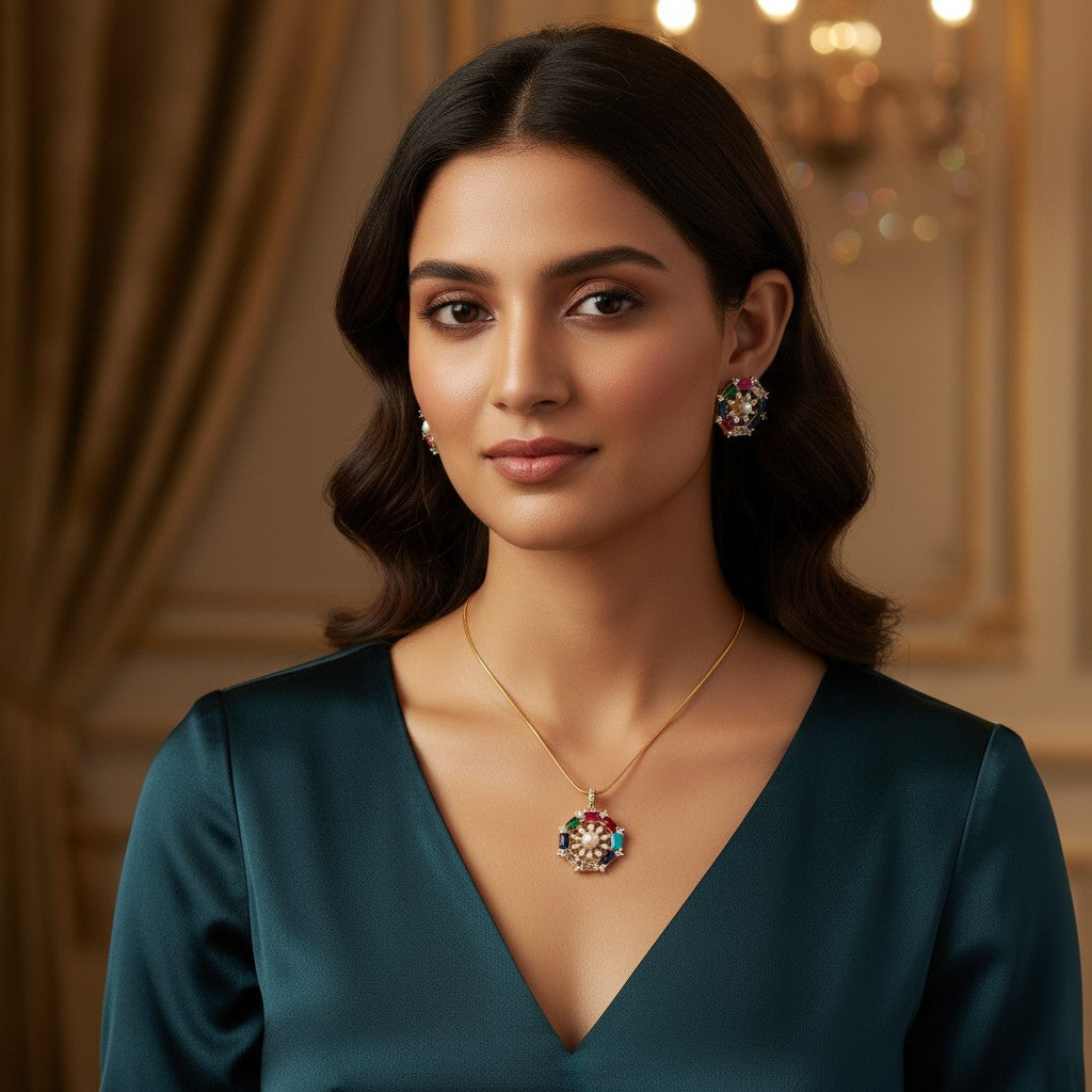 1577-Pretty Precious AD Two Tone Pendant Set for Women | American Diamond Pendant with Earrings & Chain | Elegant Party, Wedding & Daily Wear Jewellery-Multicolour