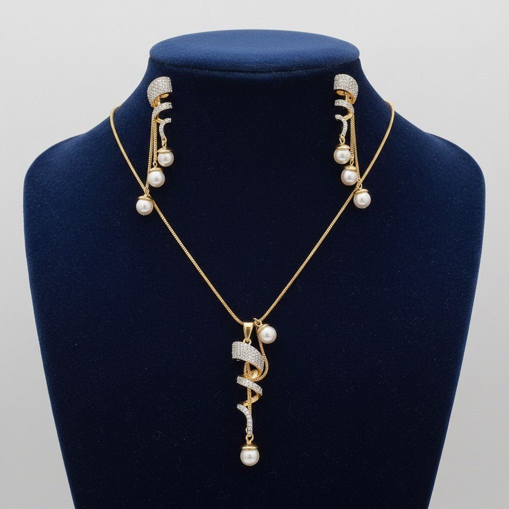 1578-Pretty Precious AD Two Tone Pendant Set for Women | American Diamond Pendant with Earrings & Chain | Elegant Party, Wedding & Daily Wear Jewellery-White Pearl