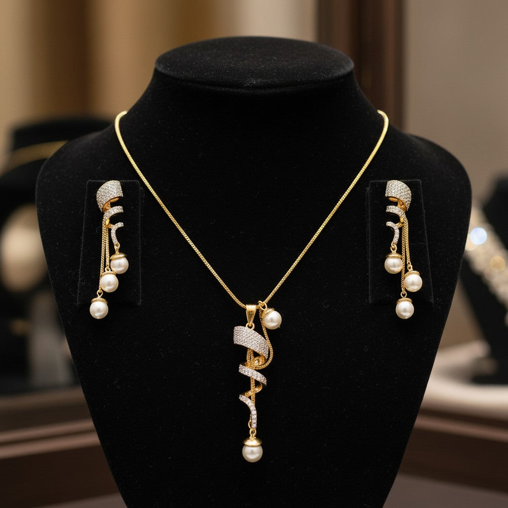 1578-Pretty Precious AD Two Tone Pendant Set for Women | American Diamond Pendant with Earrings & Chain | Elegant Party, Wedding & Daily Wear Jewellery-White Pearl