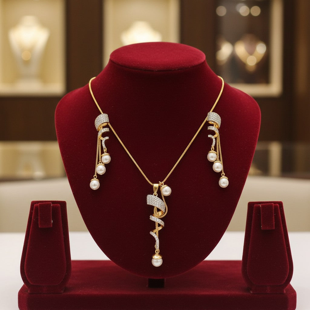 1578-Pretty Precious AD Two Tone Pendant Set for Women | American Diamond Pendant with Earrings & Chain | Elegant Party, Wedding & Daily Wear Jewellery-White Pearl