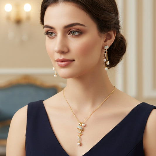 1578-Pretty Precious AD Two Tone Pendant Set for Women | American Diamond Pendant with Earrings & Chain | Elegant Party, Wedding & Daily Wear Jewellery-White Pearl