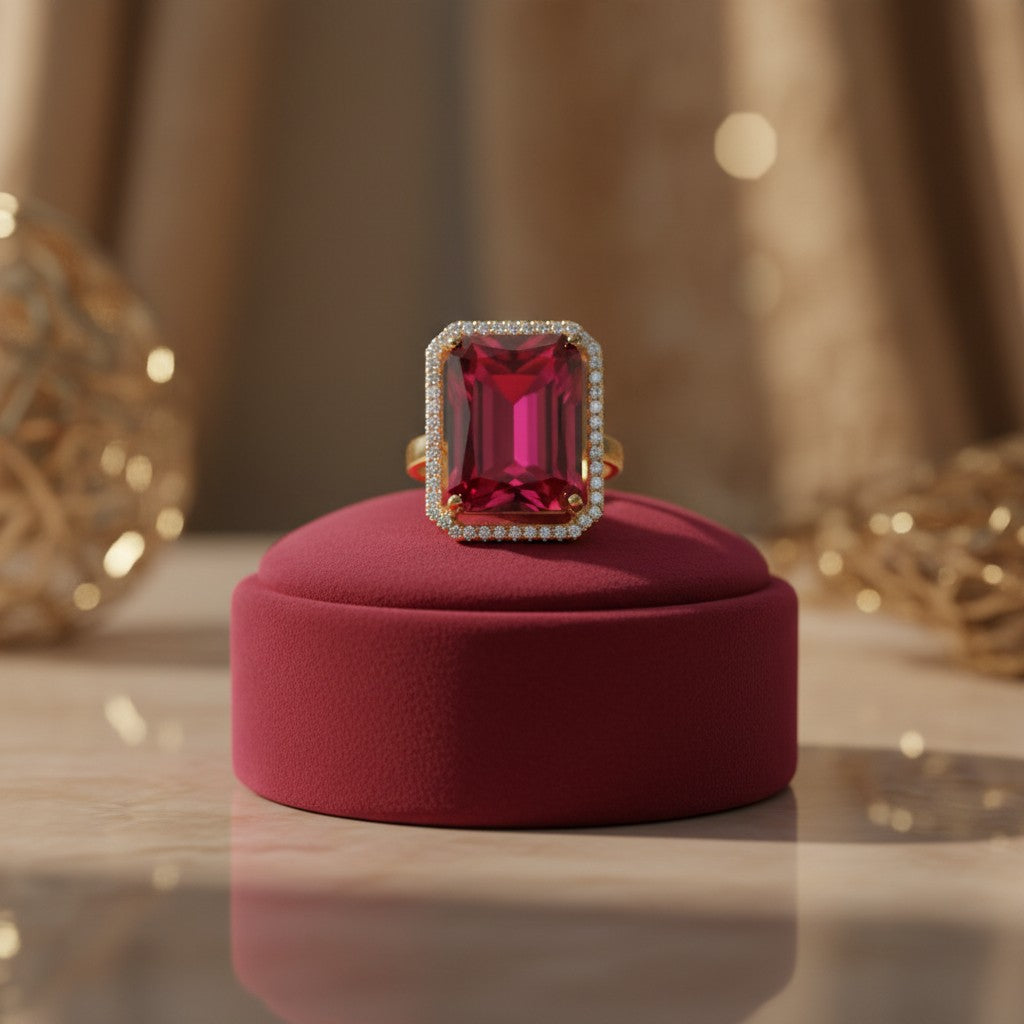 1580-Pretty Precious American Diamond Finger Ring for Women & Girls | Gold Plated AD Ring | Adjustable Elegant Party, Wedding & Daily Wear Jewellery-Ruby