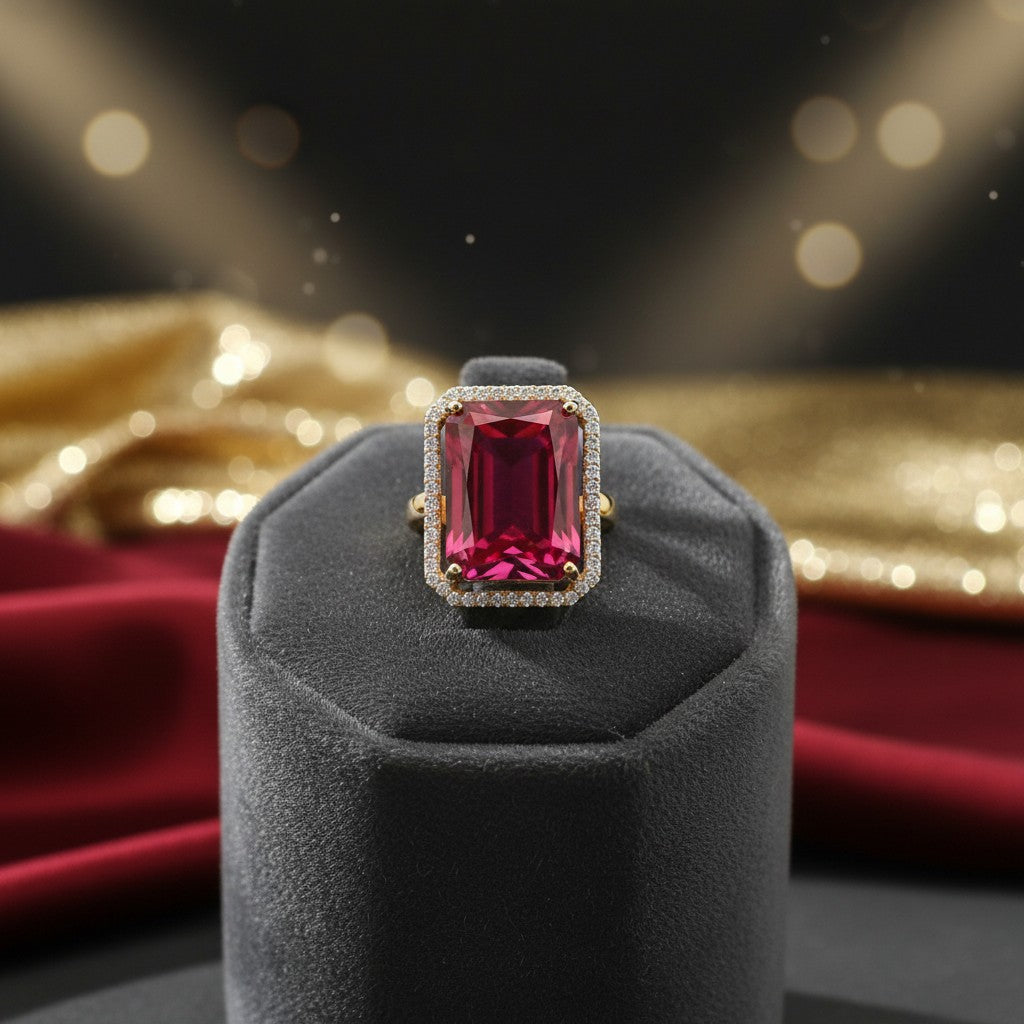 1580-Pretty Precious American Diamond Finger Ring for Women & Girls | Gold Plated AD Ring | Adjustable Elegant Party, Wedding & Daily Wear Jewellery-Ruby