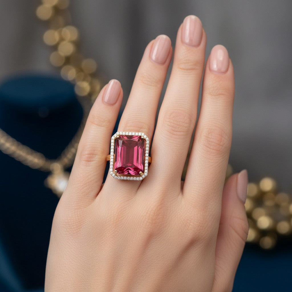 1580-Pretty Precious American Diamond Finger Ring for Women & Girls | Gold Plated AD Ring | Adjustable Elegant Party, Wedding & Daily Wear Jewellery-Ruby