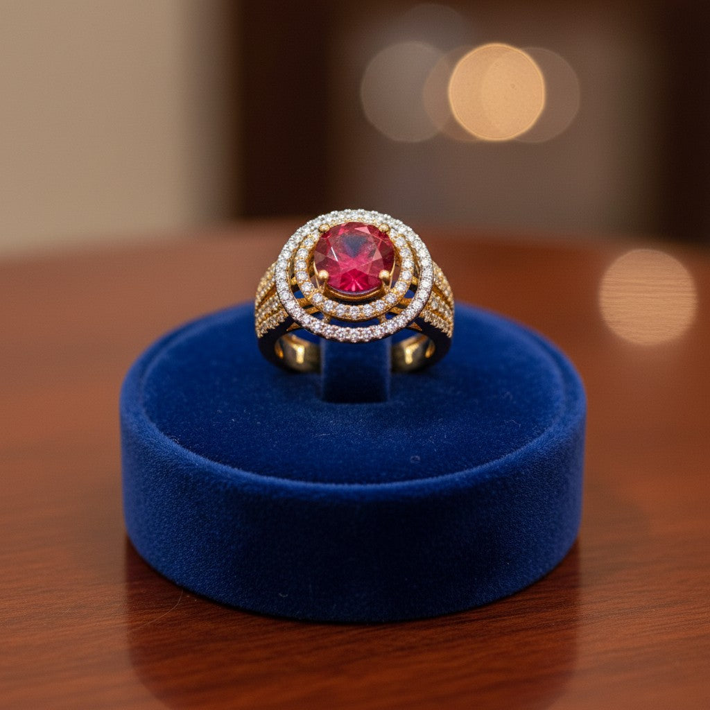 1581-Pretty Precious American Diamond Finger Ring for Women & Girls | Gold Plated AD Ring | Adjustable Elegant Party, Wedding & Daily Wear Jewellery-Ruby