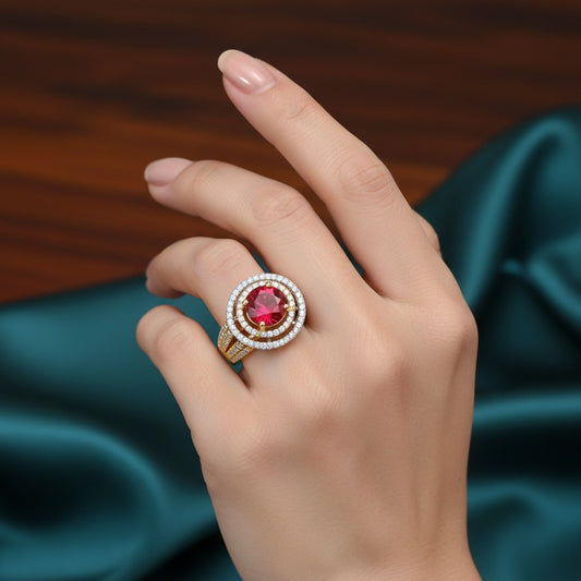 1581-Pretty Precious American Diamond Finger Ring for Women & Girls | Gold Plated AD Ring | Adjustable Elegant Party, Wedding & Daily Wear Jewellery-Ruby