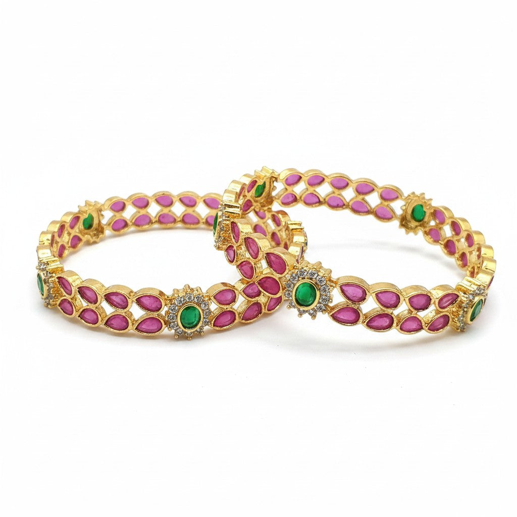 1594-Pretty Precious Gold Plated Cubic Zirconia/American Diamond Traditional Bangles/Bracelet Set of 2 for Women and Girls- Ruby Green (Size 2.10)