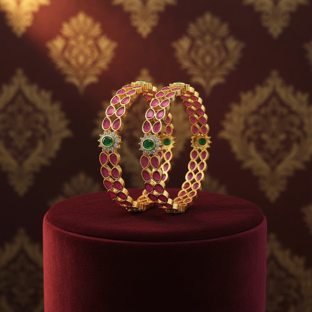 1594-Pretty Precious Gold Plated Cubic Zirconia/American Diamond Traditional Bangles/Bracelet Set of 2 for Women and Girls- Ruby Green (Size 2.10)