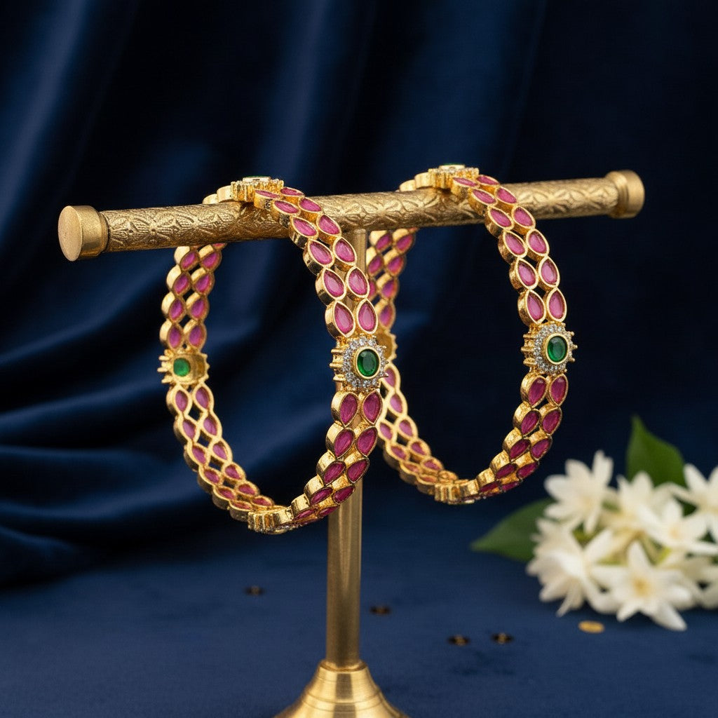 1594-Pretty Precious Gold Plated Cubic Zirconia/American Diamond Traditional Bangles/Bracelet Set of 2 for Women and Girls- Ruby Green (Size 2.10)