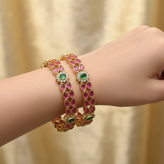 1594-Pretty Precious Gold Plated Cubic Zirconia/American Diamond Traditional Bangles/Bracelet Set of 2 for Women and Girls- Ruby Green (Size 2.10)