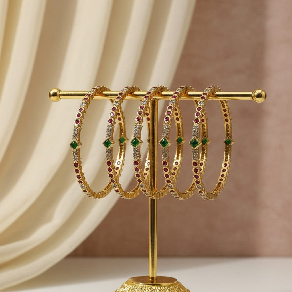 1595-Pretty Precious Gold Plated Cubic Zirconia/American Diamond Traditional Bangles/Bracelet Set of 2 for Women and Girls- Ruby Green (Size 2.8)